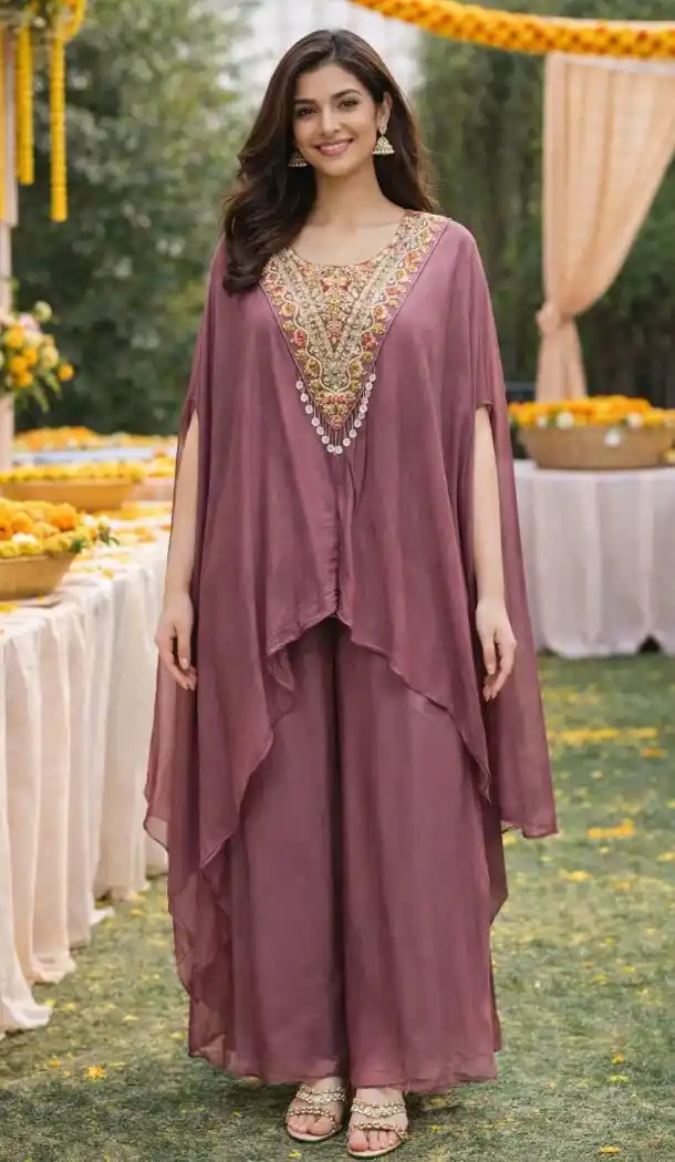 Mauve Embroidered Viscose Chinon Palazzo Suit – 216527