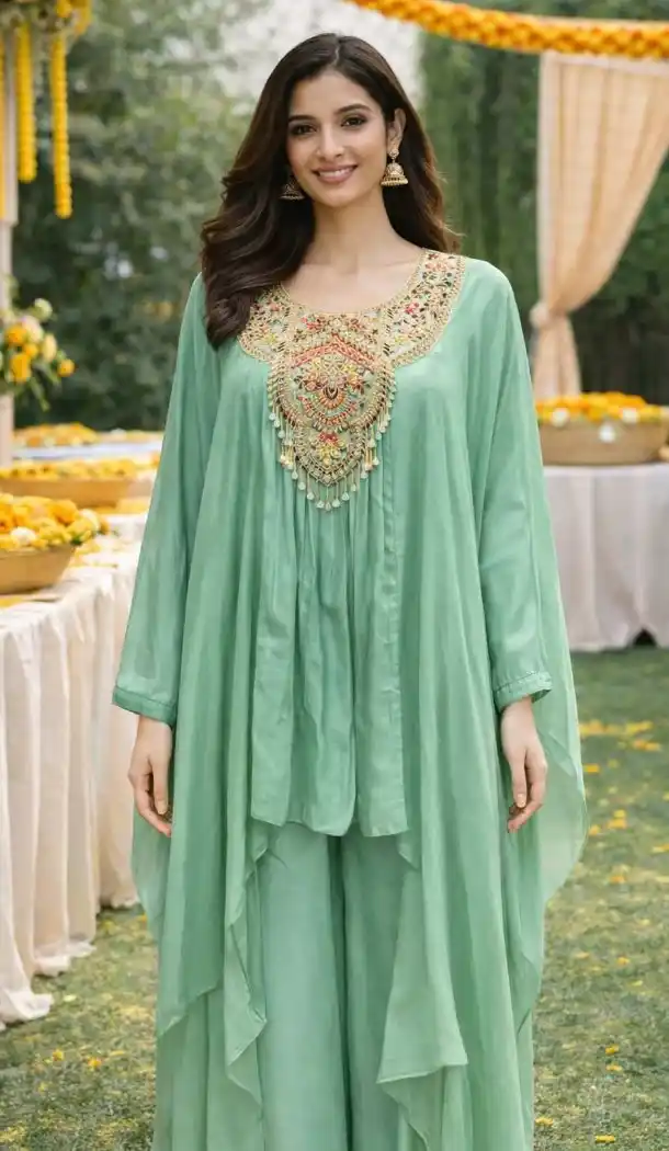 Sea Green Palazzo Suit in Viscose Chinon with Embroidery – 216528