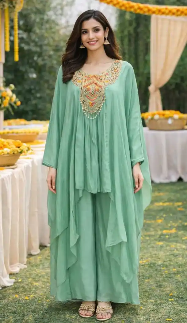 Sea Green Palazzo Suit in Viscose Chinon with Embroidery – 216528
