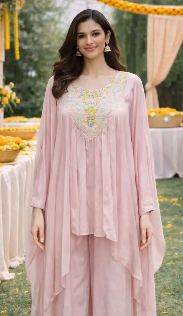 Light Pink Embroidered Viscose Chinon Palazzo Suit – 216529