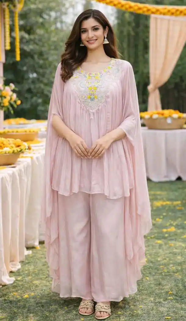 Light Pink Embroidered Viscose Chinon Palazzo Suit – 216529