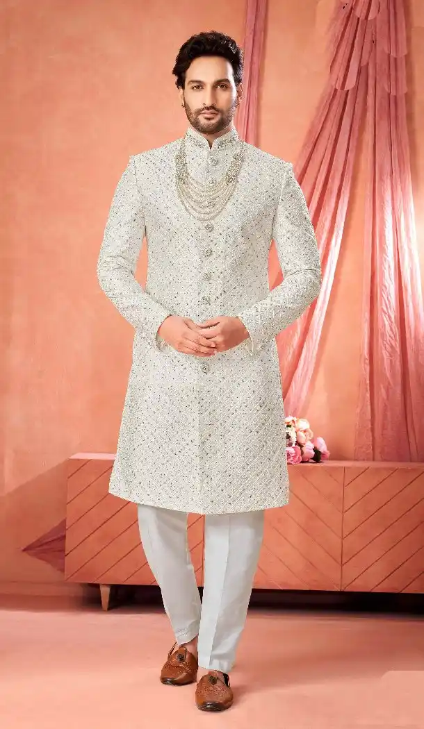 Off White Silk Sherwani with Art Embroidery – 216569