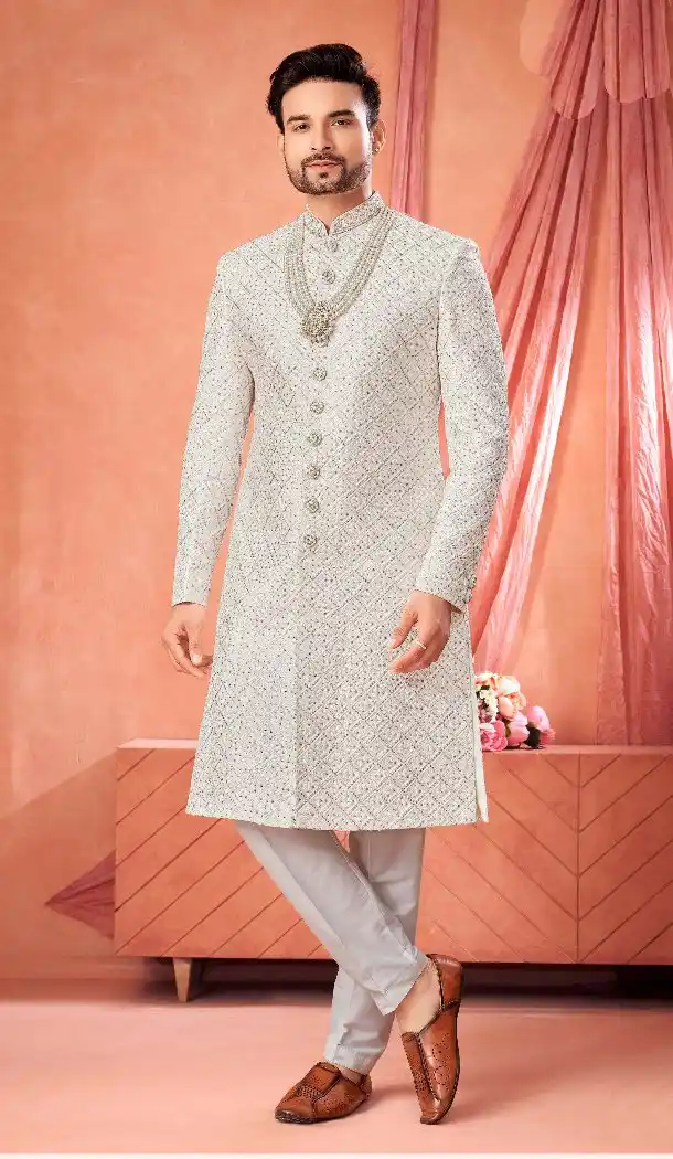Off White Art Embroidered Silk Wedding Sherwani – 216570