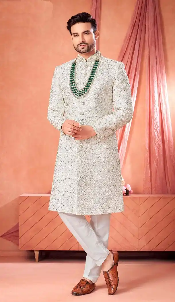 Silk Wedding Sherwani with Art Embroidery in Off White – 216571