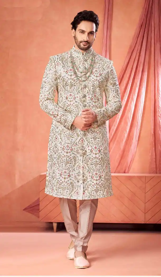 Off White Silk Sherwani with Embroidery Work – 216572
