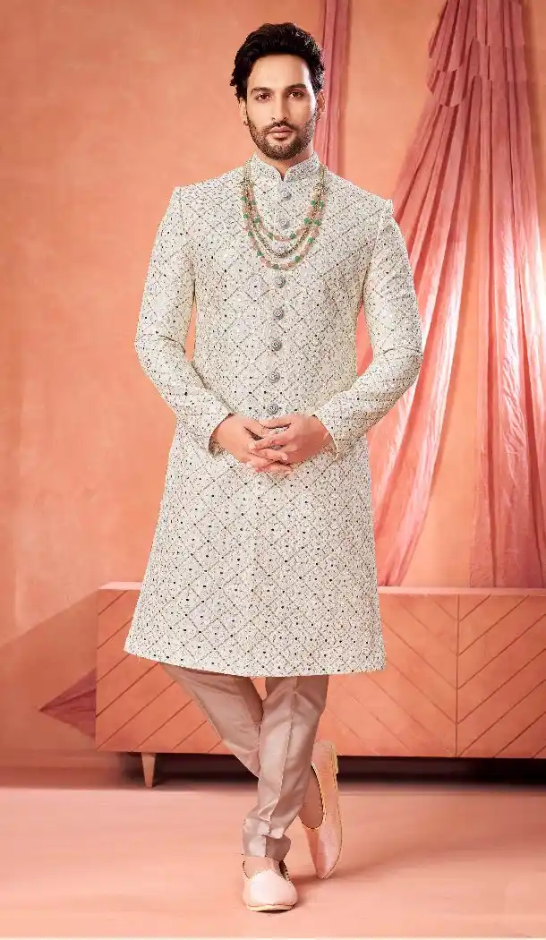 Off White Ethnic Silk Sherwani with Art Embroidery – 216573