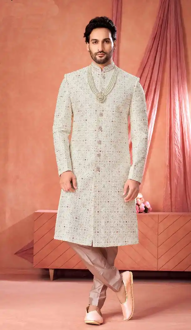 Art Embroidered Off White Silk Sherwani – 216574
