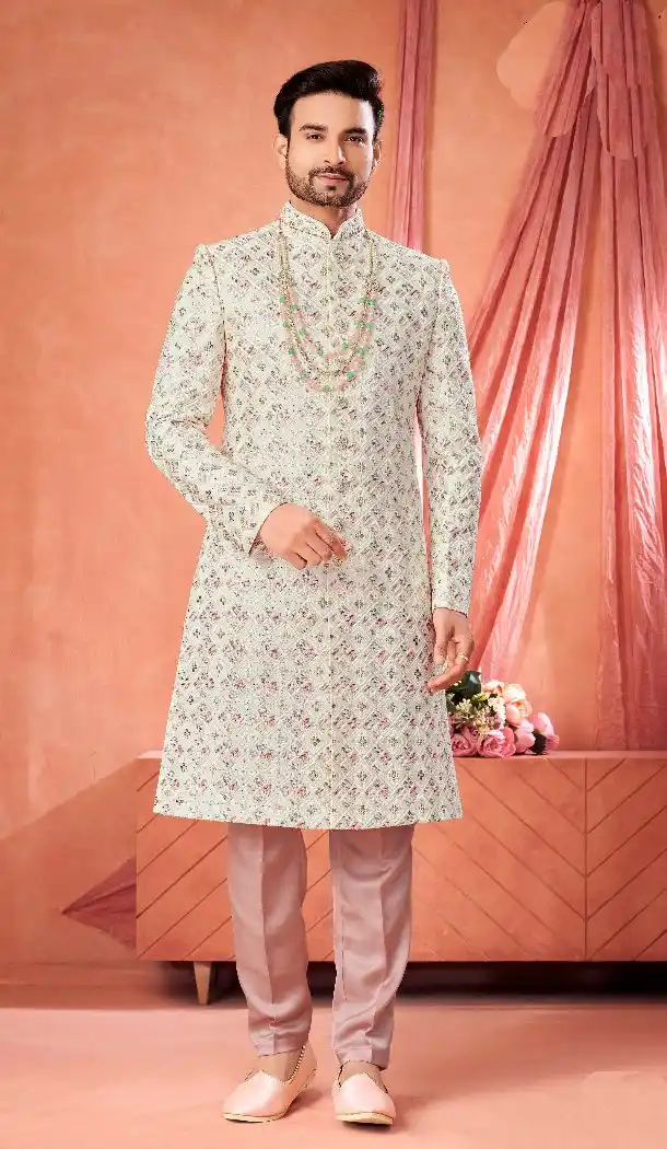 Off White Silk Sherwani with Detailed Embroidery – 216575