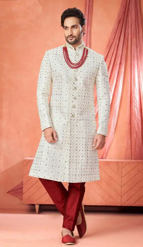 Off White Wedding Sherwani in Art Embroidered Silk – 216576