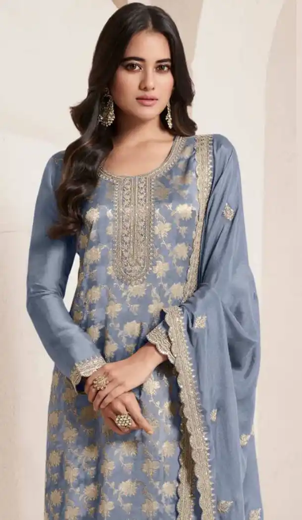 Grey Pakistani Suit in Jacquard with Embroidery – 216578