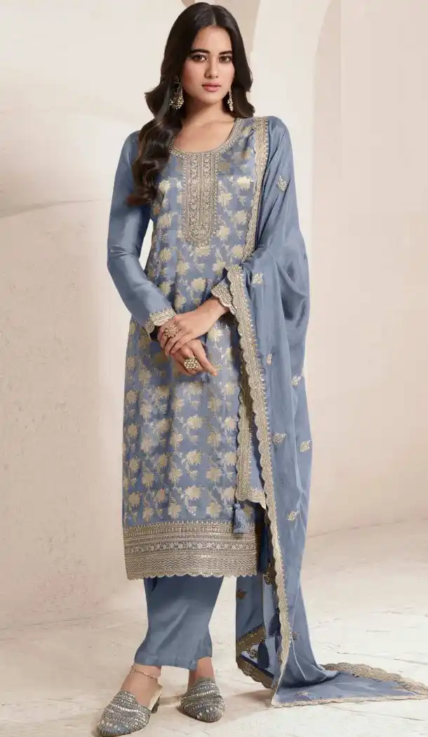 Grey Pakistani Suit in Jacquard with Embroidery – 216578