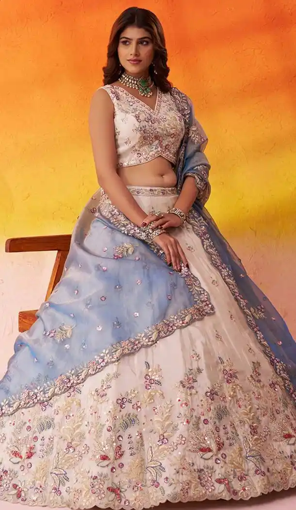Designer Beige Tissue Lehenga Choli with Embroidery – 216692
