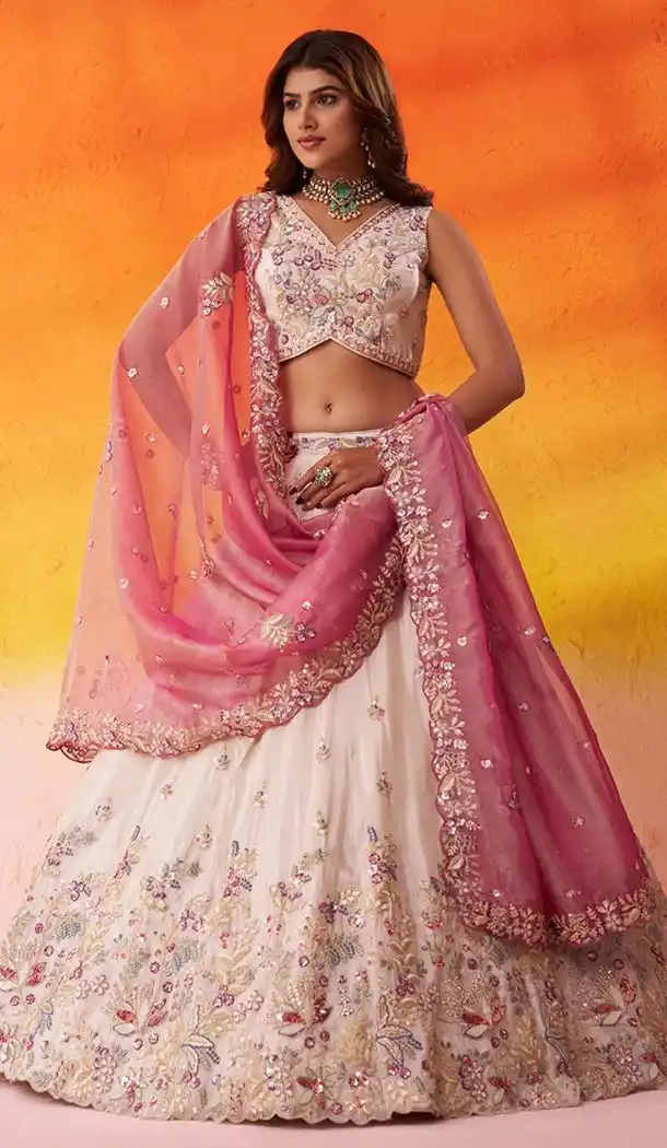 Embroidered Beige Tissue Designer Lehenga Choli – 216693
