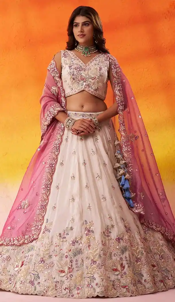Embroidered Beige Tissue Designer Lehenga Choli – 216693