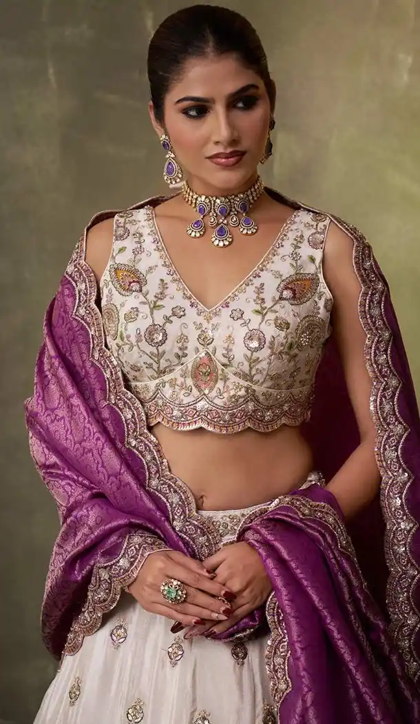 Beige Embroidered Tissue Lehenga Choli Designer Style – 216695