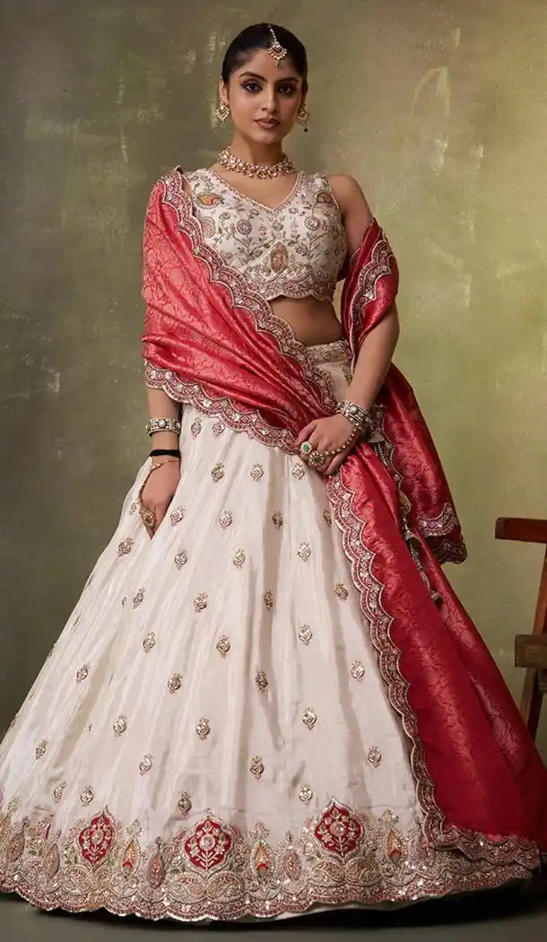 Designer Lehenga Choli Beige Tissue Embroidery Work – 216696