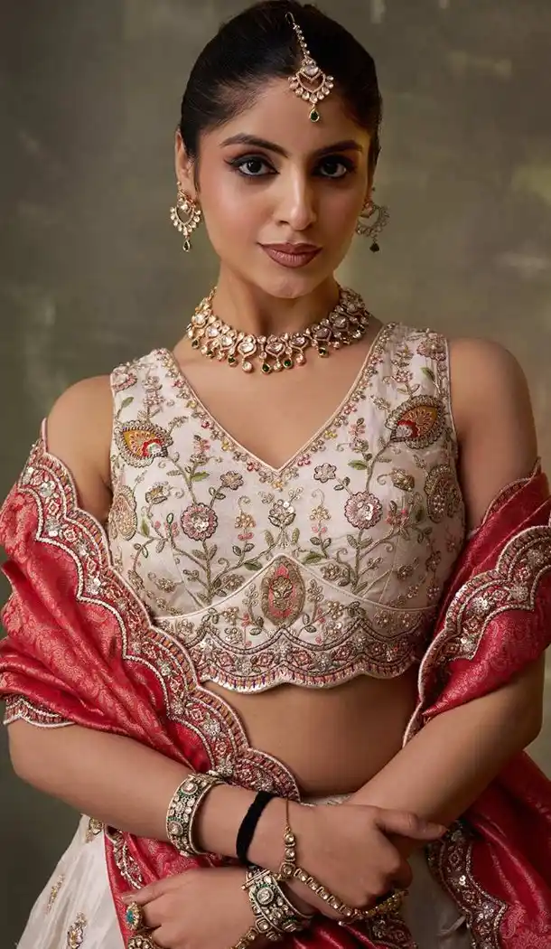 Designer Lehenga Choli Beige Tissue Embroidery Work – 216696