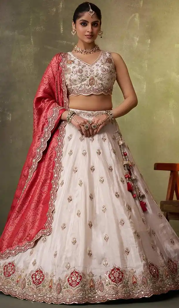 Designer Lehenga Choli Beige Tissue Embroidery Work – 216696