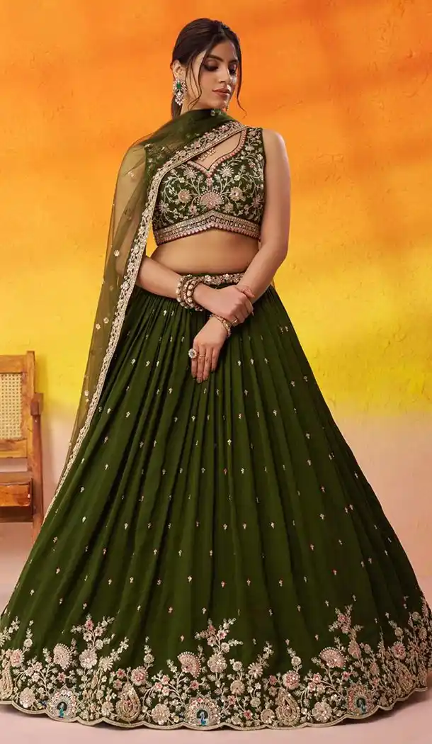 Olive Georgette Lehenga Choli with Designer Embroidery – 216697