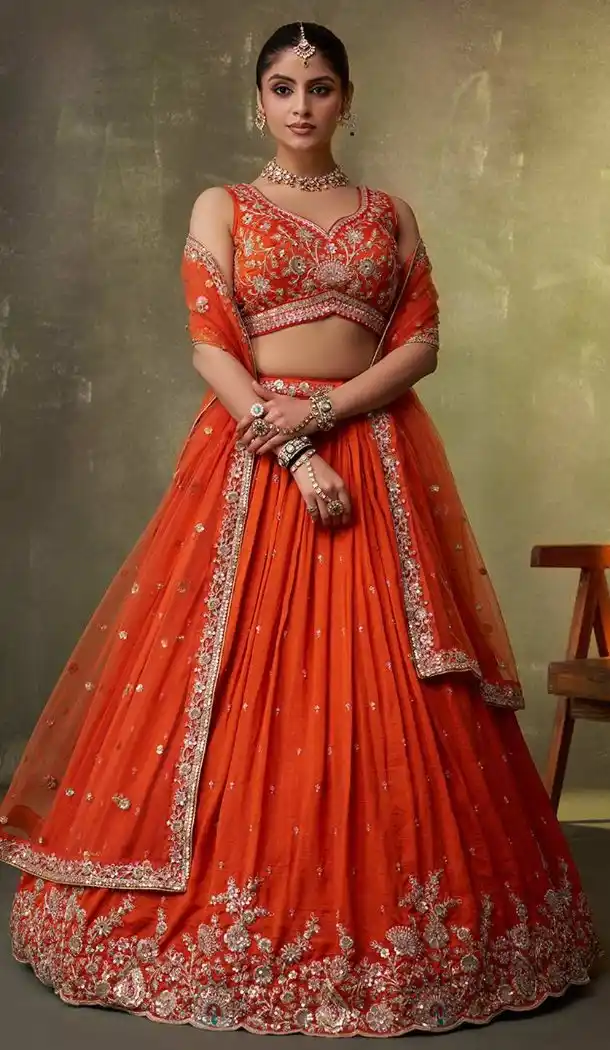Embroidered Orange Georgette Designer Lehenga Choli – 216698