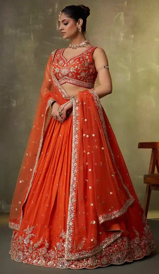 Embroidered Orange Georgette Designer Lehenga Choli – 216698