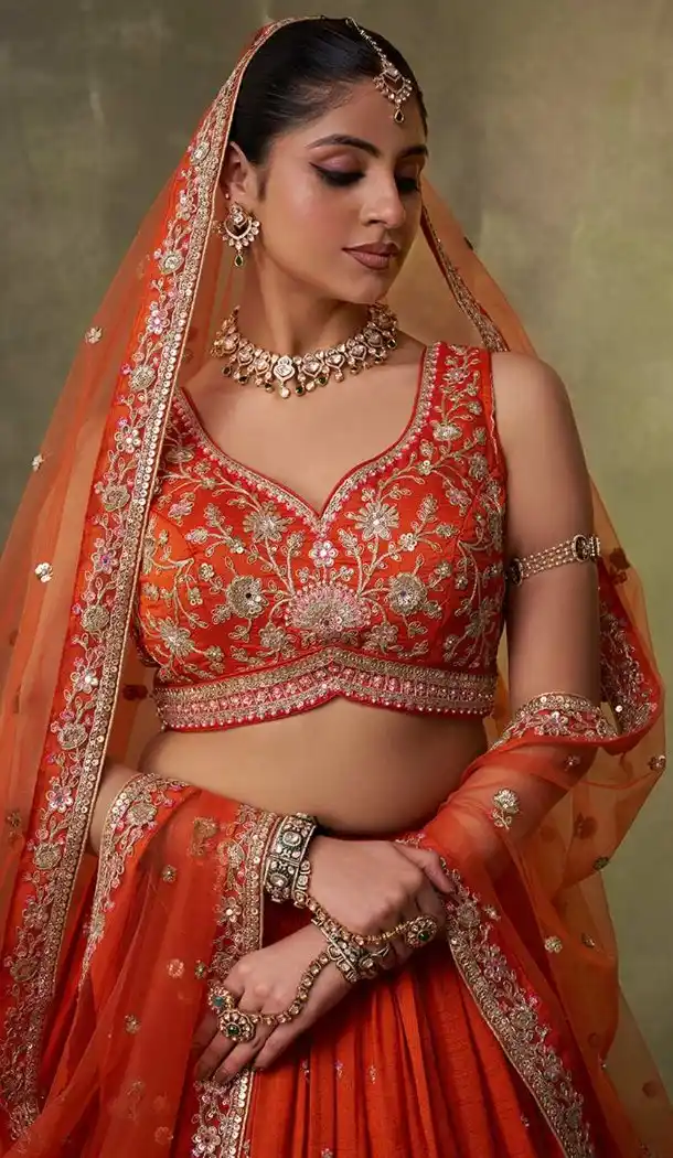 Embroidered Orange Georgette Designer Lehenga Choli – 216698