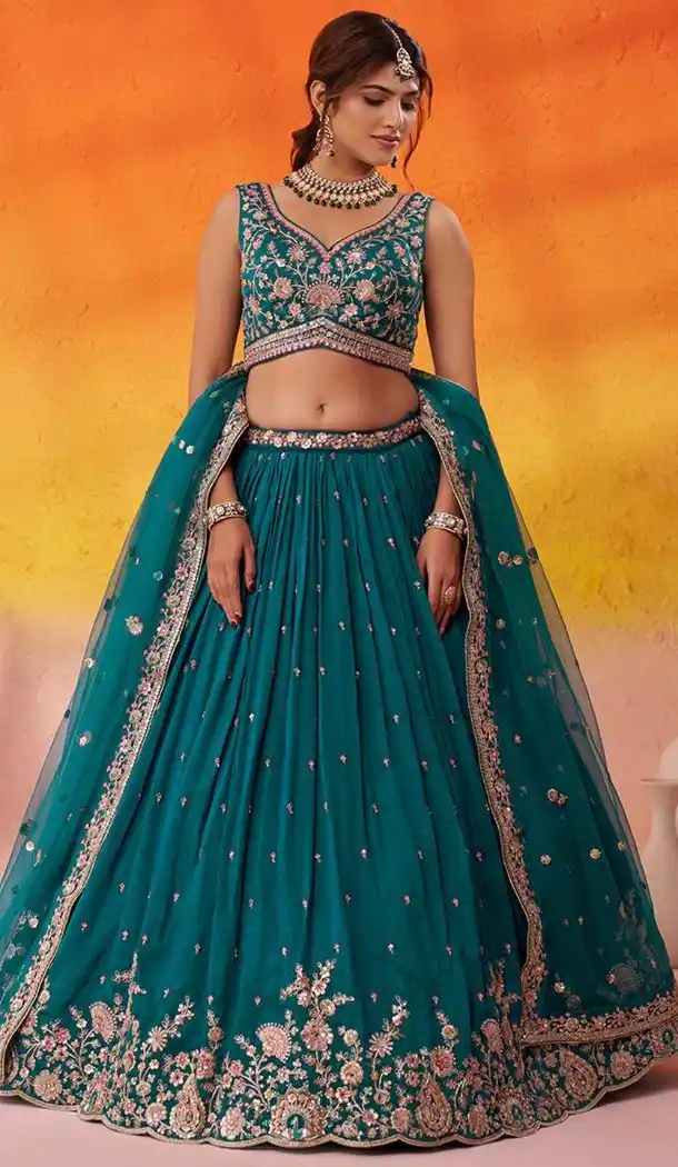 Georgette Teal Blue Designer Lehenga Choli Embroidered – 216700