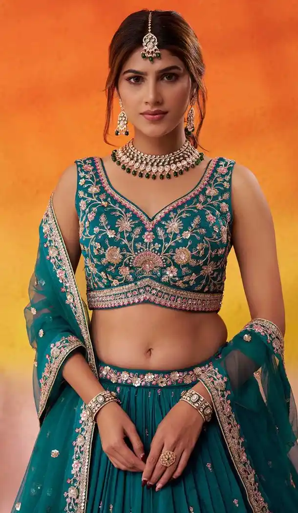 Georgette Teal Blue Designer Lehenga Choli Embroidered – 216700