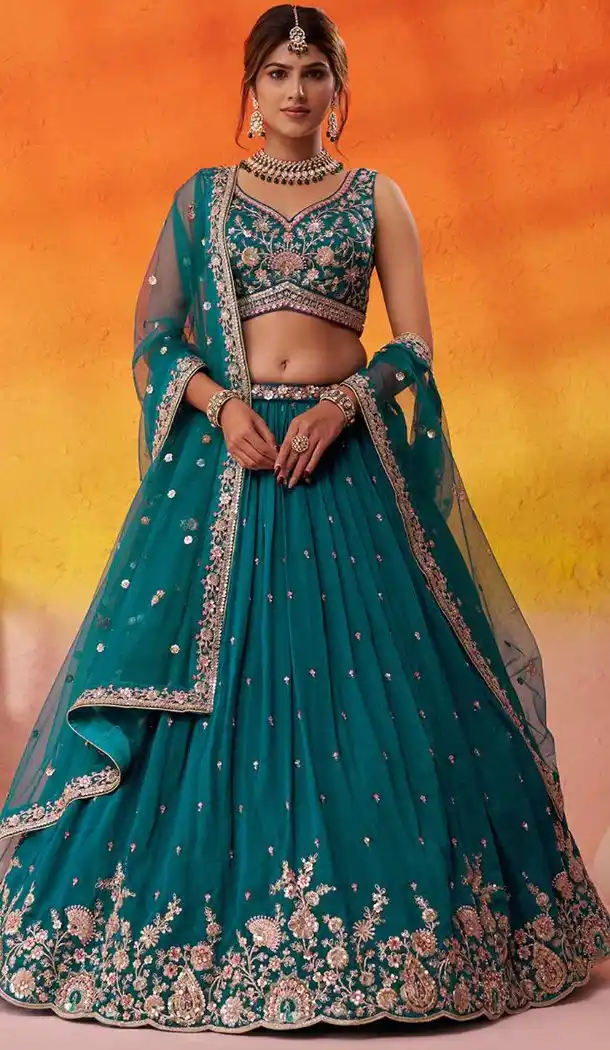 Georgette Teal Blue Designer Lehenga Choli Embroidered – 216700