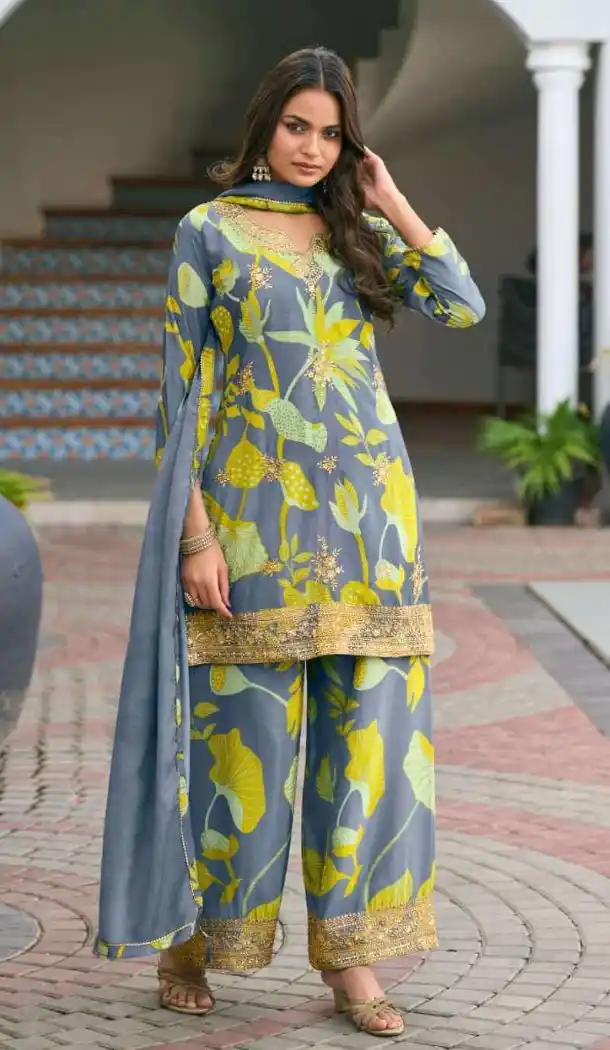 Multi Chinon Palazzo Suit with Embroidered Work – 216735