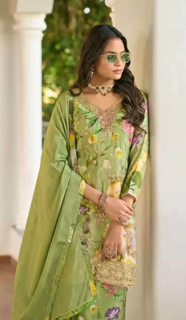 Multi Chinon Palazzo Suit Embroidered Work – 216738