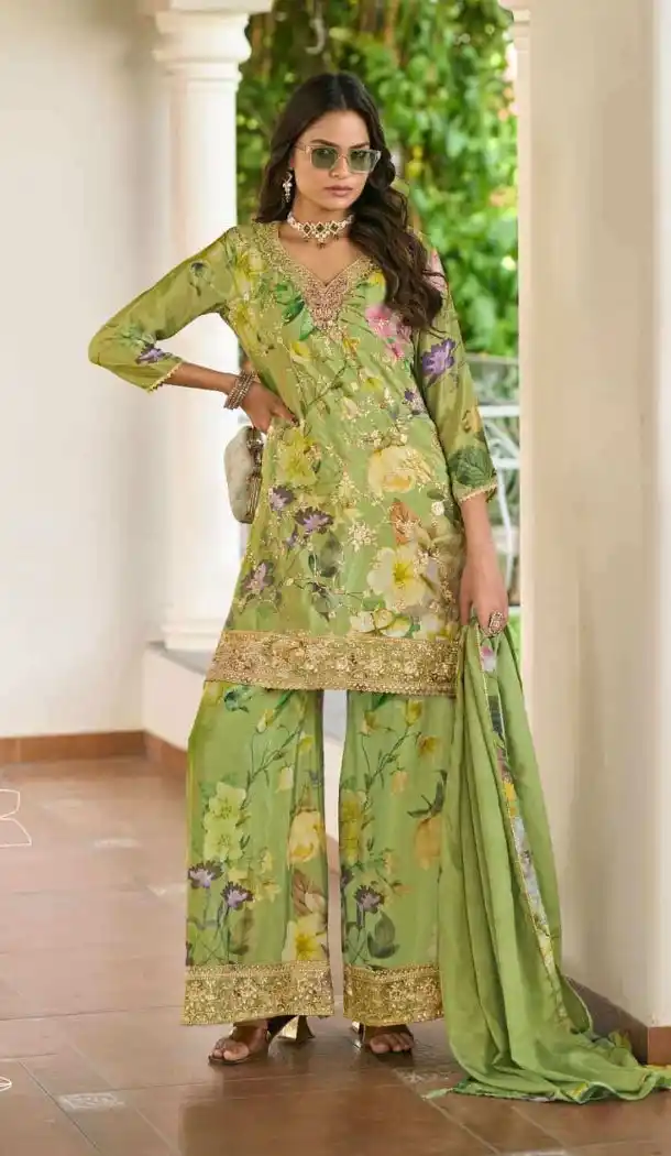 Multi Chinon Palazzo Suit Embroidered Work – 216738