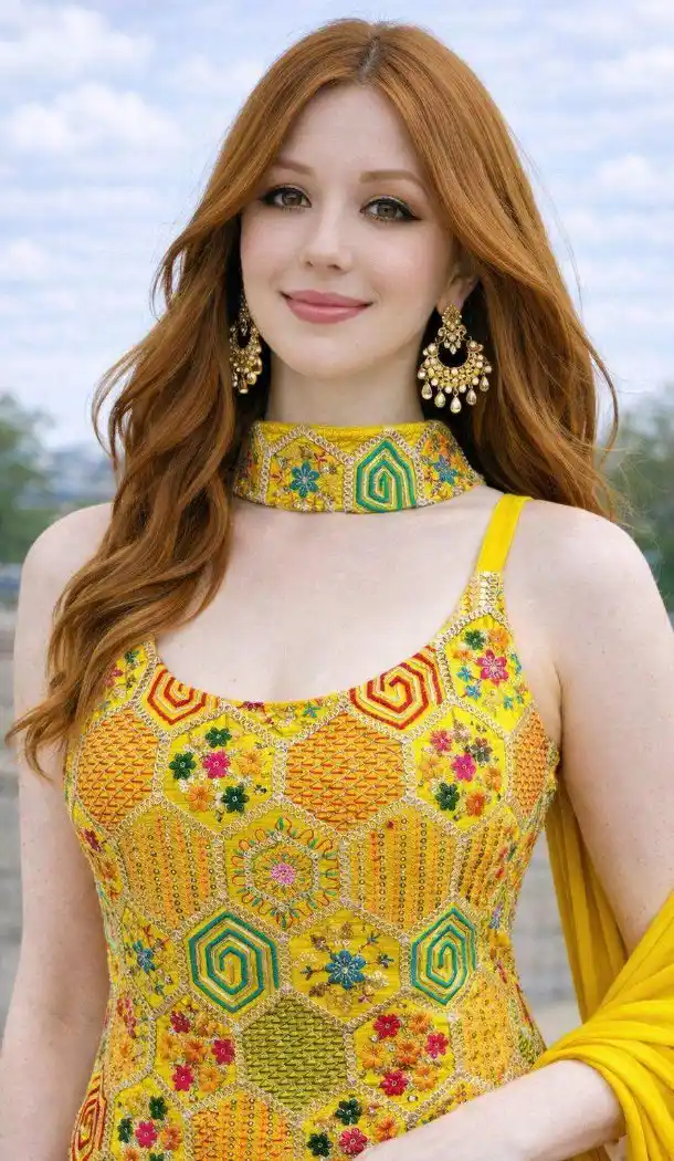 Yellow Chinon Silk Embroidered Palazzo Suit – 216755