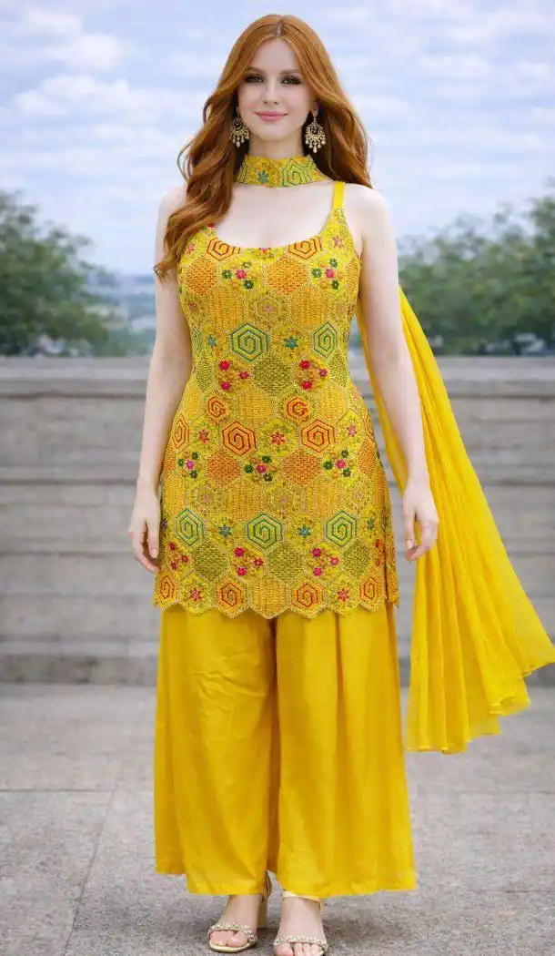 Yellow Chinon Silk Embroidered Palazzo Suit – 216755