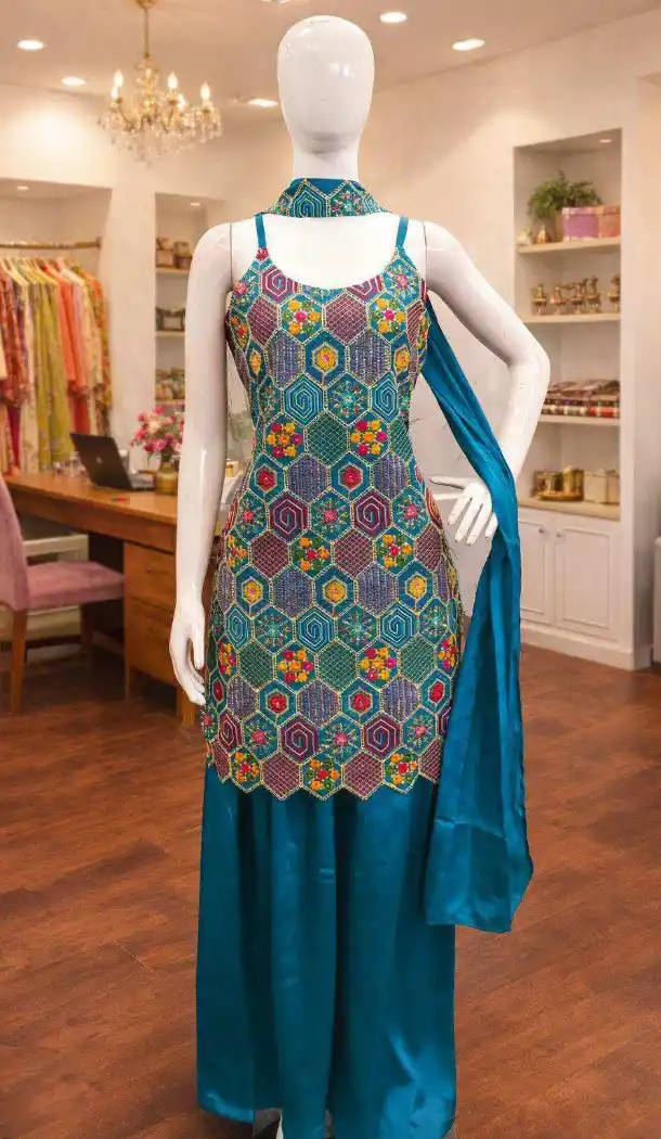 Teal Blue Chinon Silk Palazzo Suit with Embroidery – 216756