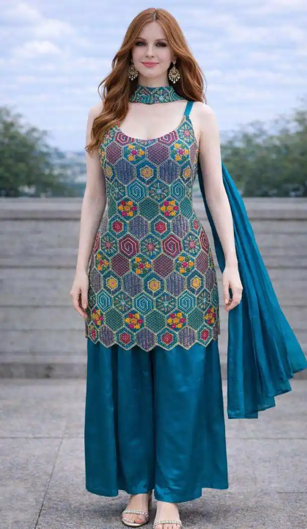 Teal Blue Chinon Silk Palazzo Suit with Embroidery – 216756