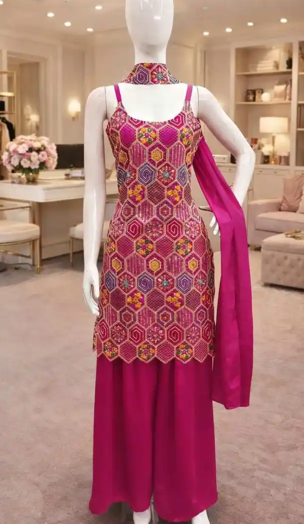 Pink Chinon Silk Embroidered Palazzo Suit – 216757