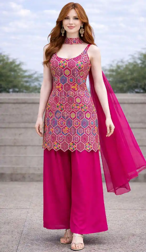 Pink Chinon Silk Embroidered Palazzo Suit – 216757