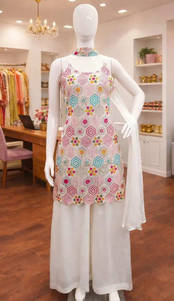 White Chinon Silk Palazzo Suit with Embroidery – 216758