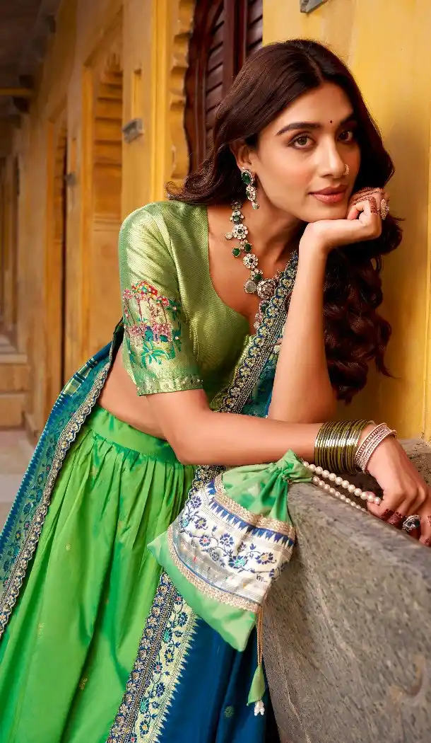 Parrot Green Paithani Lehenga with Embroidery – 216801