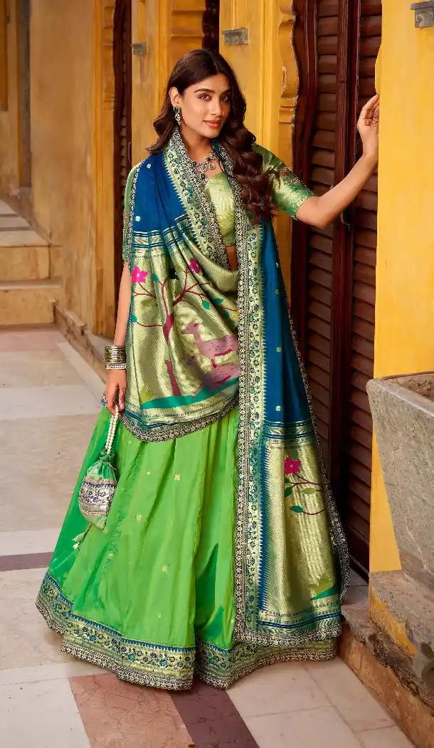 Parrot Green Paithani Lehenga with Embroidery – 216801