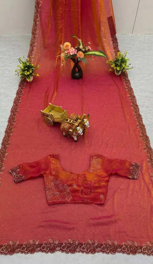Fendy Silk Coral Pink Saree with Diamond Work – 216896