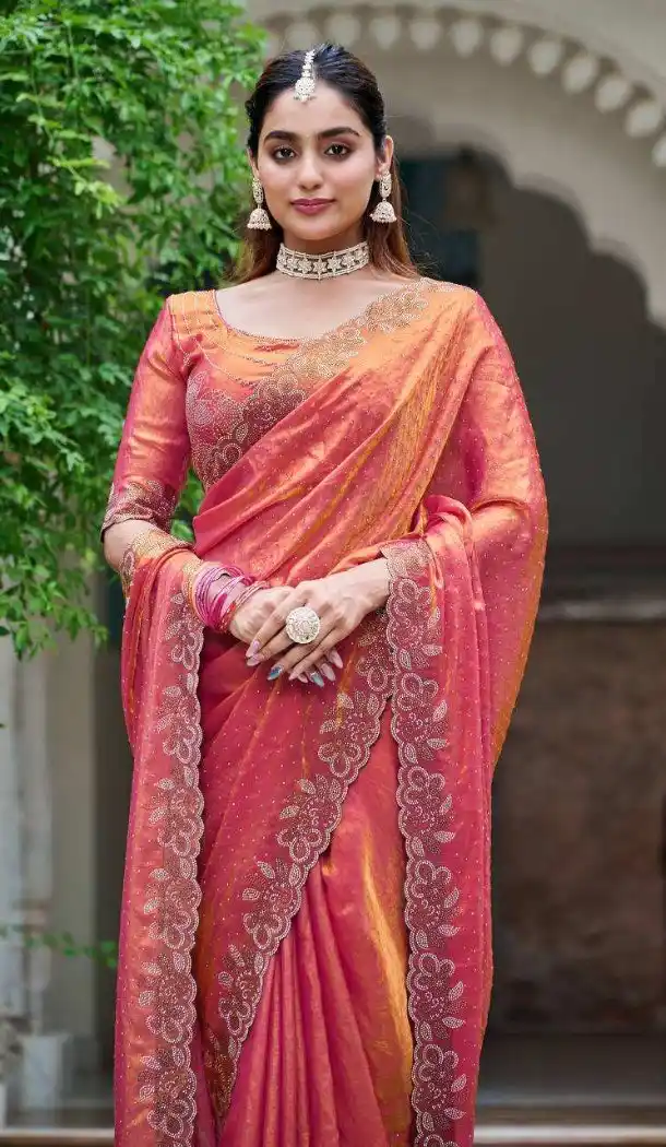 Fendy Silk Coral Pink Saree with Diamond Work – 216896