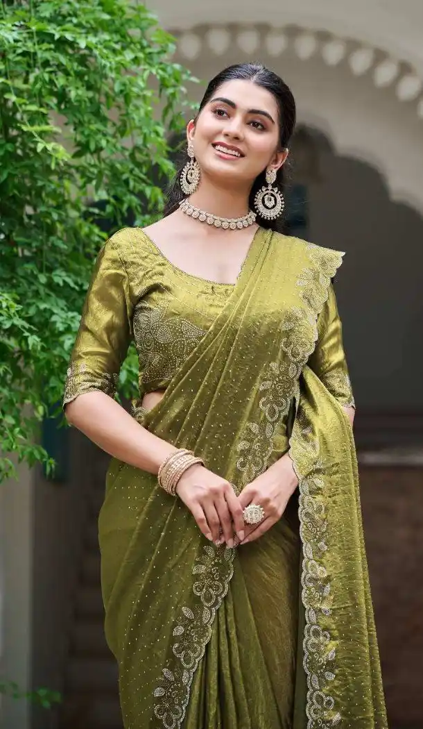 Mehendi Green Diamond Work Fendy Silk Saree – 216897