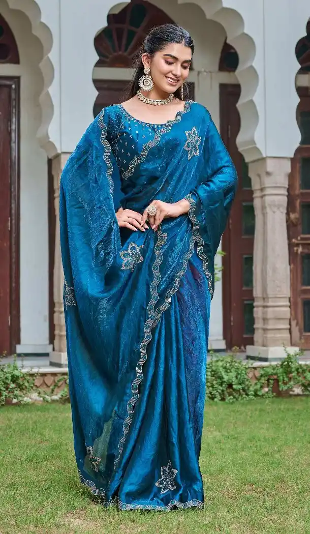 Fendy Silk Saree Teal Blue with Diamond Work – 216898