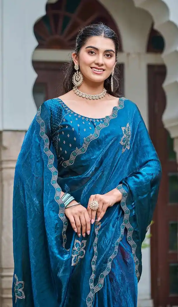 Fendy Silk Saree Teal Blue with Diamond Work – 216898
