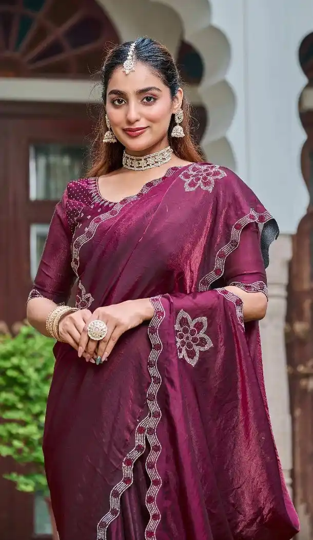 Wine Diamond Work Saree in Fendy Silk – 216899
