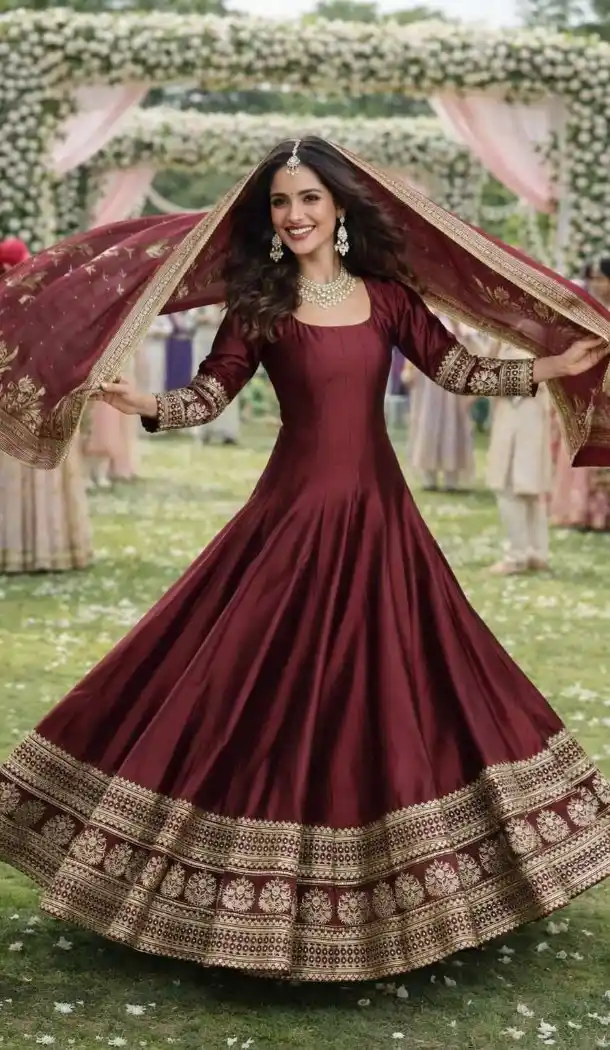 Maroon Embroidered Real Silk Anarkali Suit – 216996