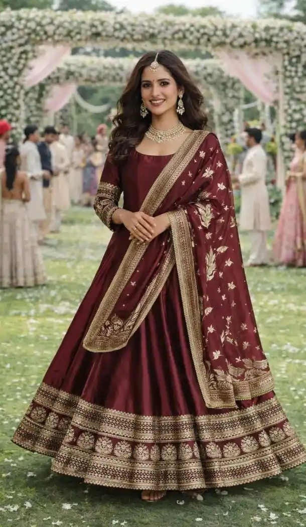 Maroon Embroidered Real Silk Anarkali Suit – 216996