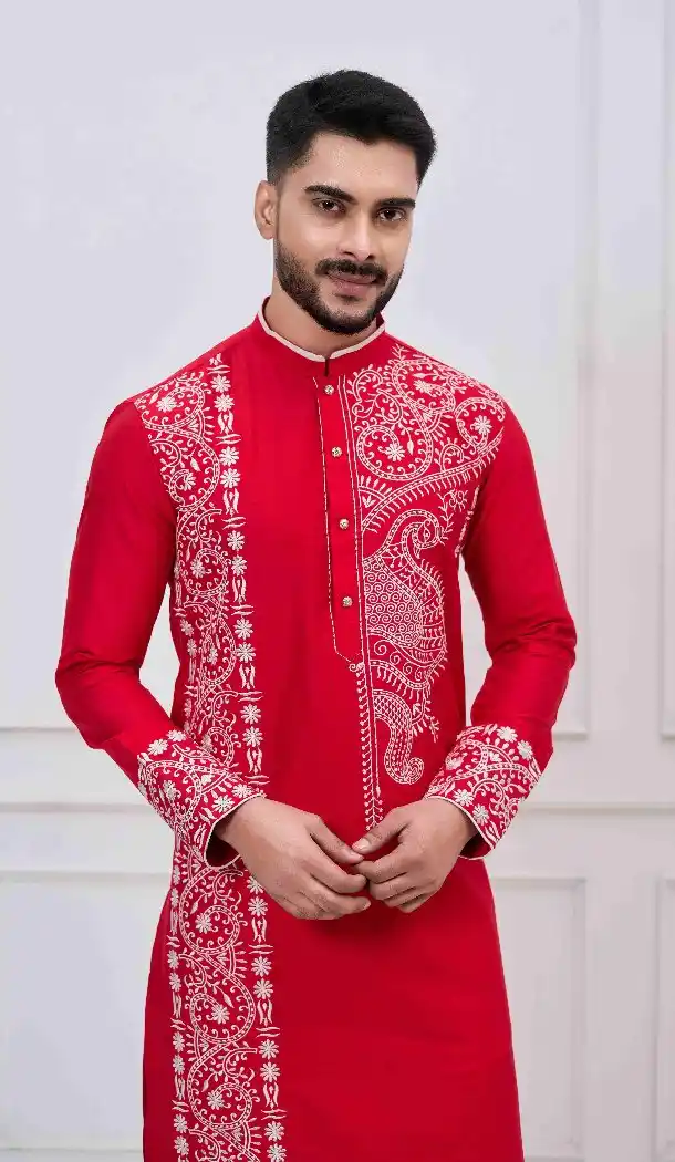 Red Viscose Kurta Pajama with Embroidery – 216953
